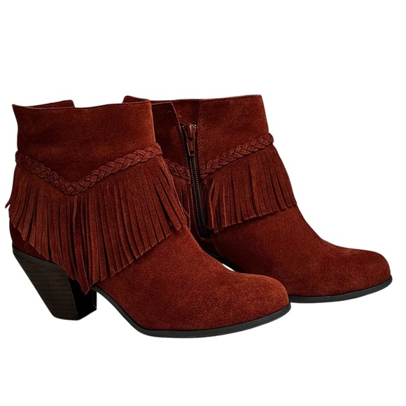 New Gianni Bini Women's Suede Fringe 3” Heeled Ankle Boots Rust Side Zip Size 7 - Picture 5 of 10